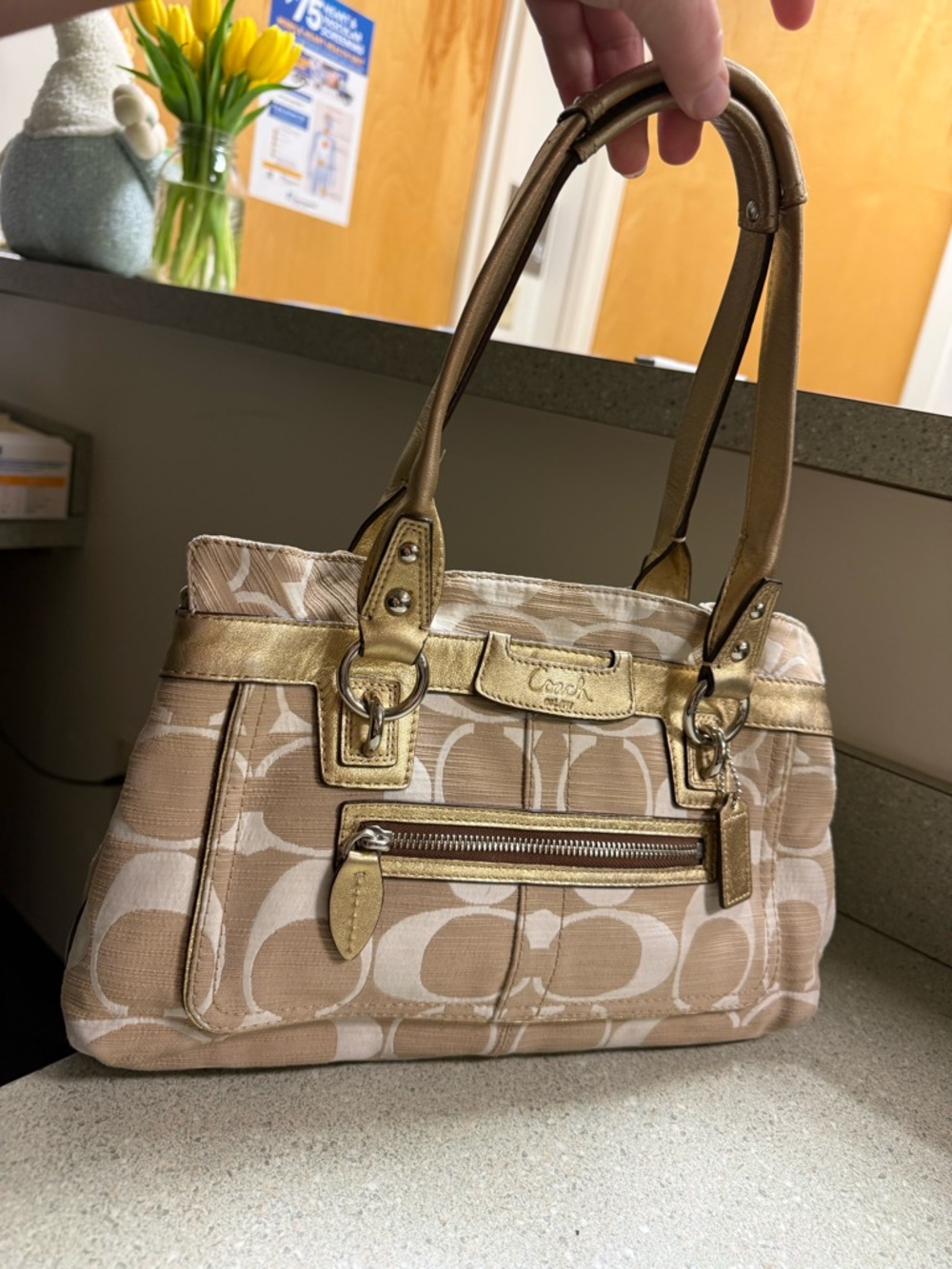 Vintage Coach Tan Penelope Shantung Signature Canvas Shoulder Tote Bag